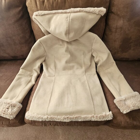 JONES NEW YORK Winter Hip-Length Off-White Hooded Coat Faux Suede & Fur Sz S - Picture 11 of 15